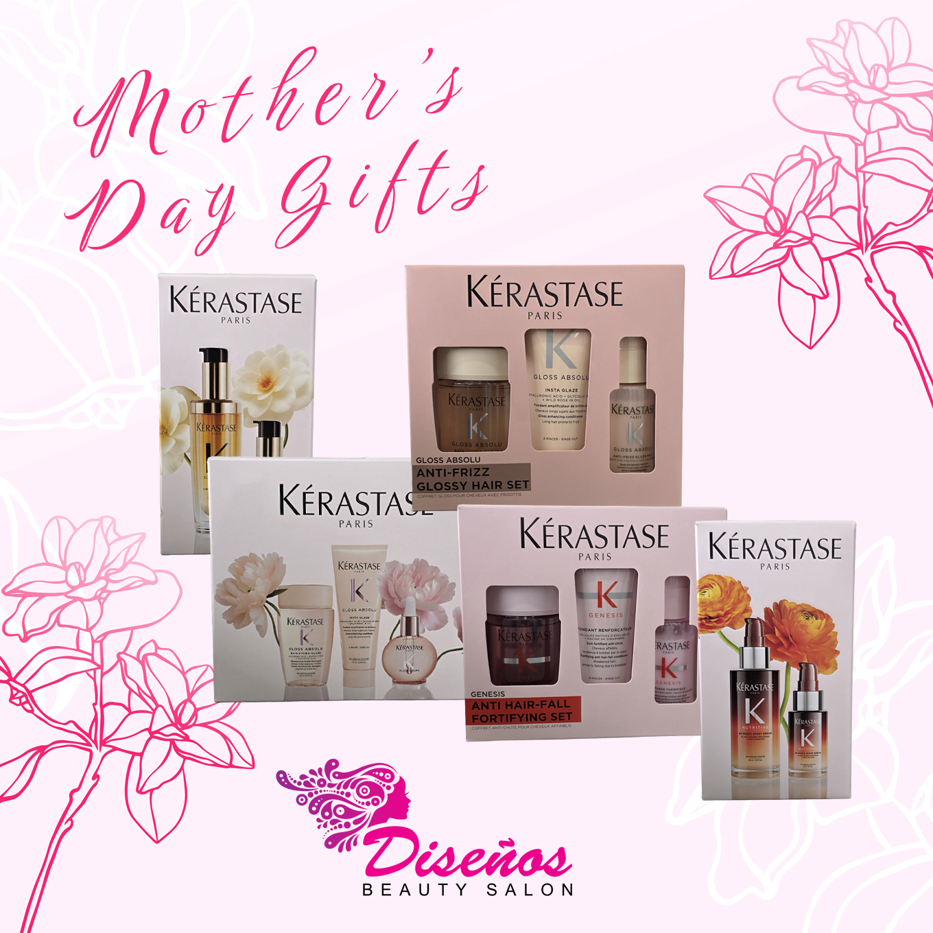 💕 So many ways to spoil Mom this Mother's Day! 🌸

We have four Kérastase Paris gift sets to choose from frizz control, anti hair-fall, shine, and deep nourishment. Whatever she needs, we've got her covered! ✨

Come see us at the salon and we'll find the perfect match for her. 🎁

💇💅💄

📍 Schotlandstraat 41, The Shops at Ling & Sons
☎️ 297 5834644
📲 297 7477744
🌐 https://disenosaruba.com/